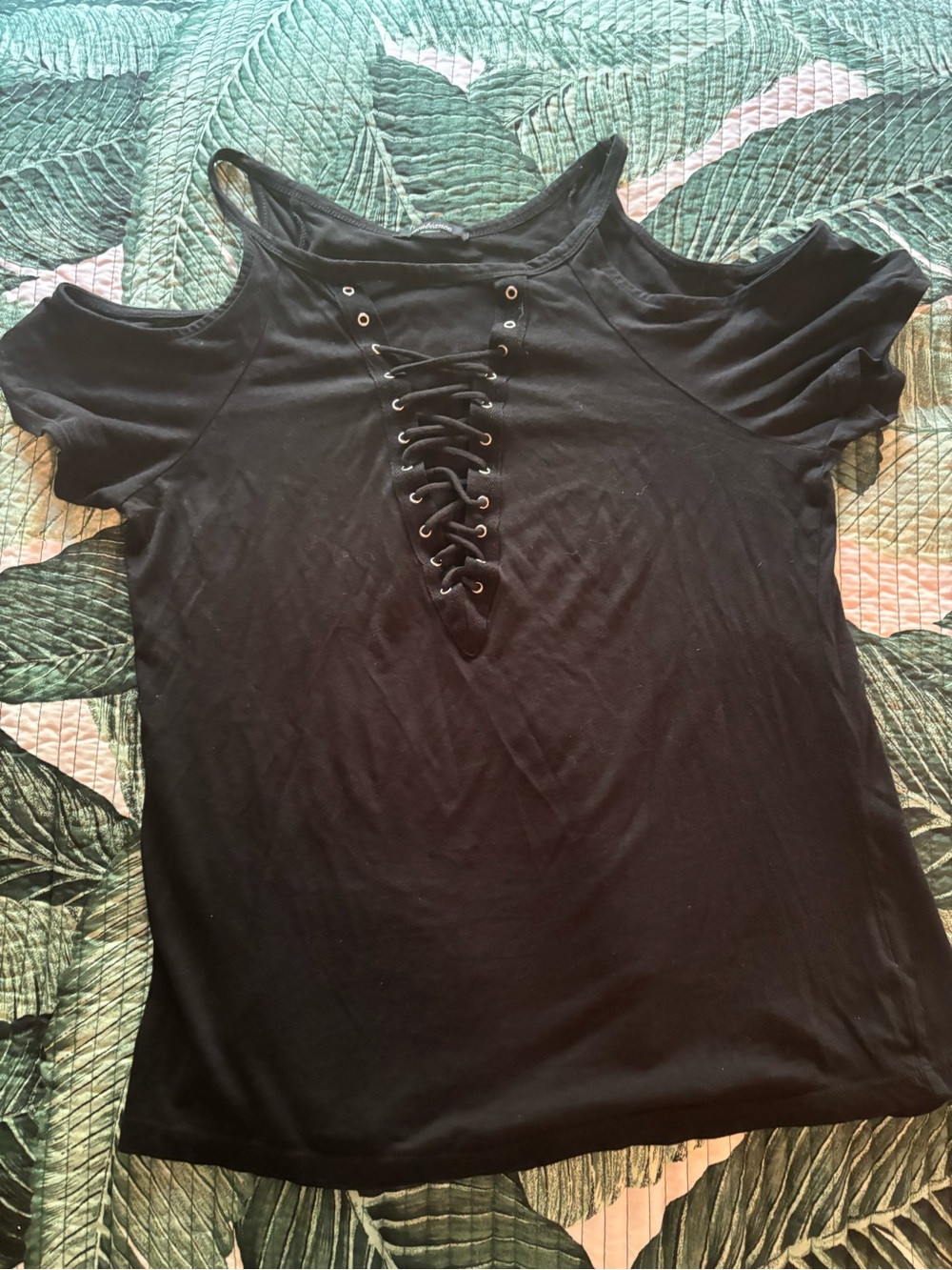 Ambiance Black Cold-Shoulder Lace-Up Short Sleeve Top